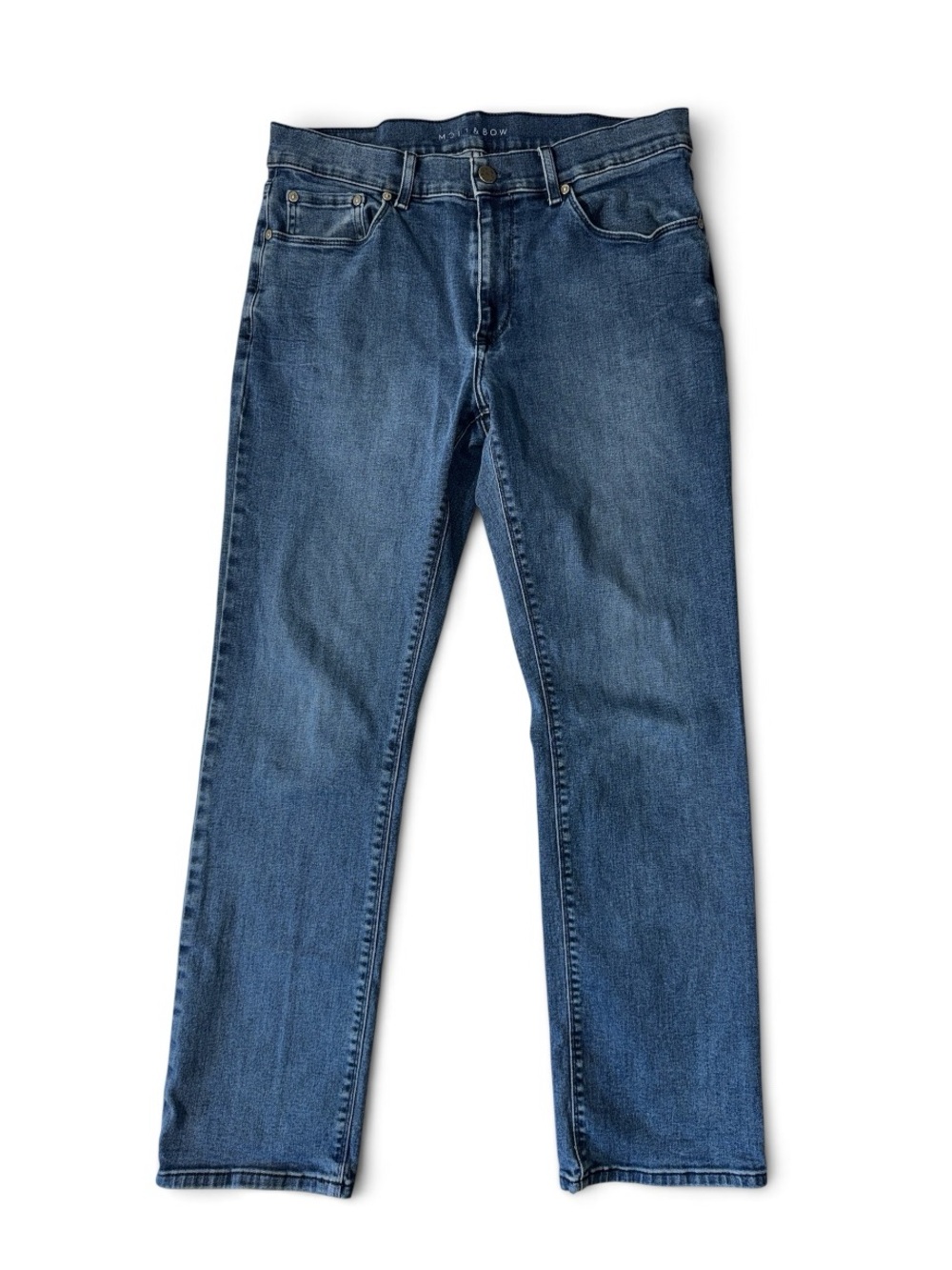 Mott & Bow mens 32x29 straight leg cotton blend denim blue jeans EUC